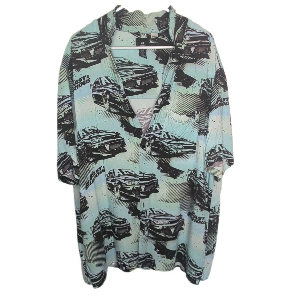 Fast & Furious Shirt Men XXL Short Sleeve Camp Button Up Blue Black Pocket H&M